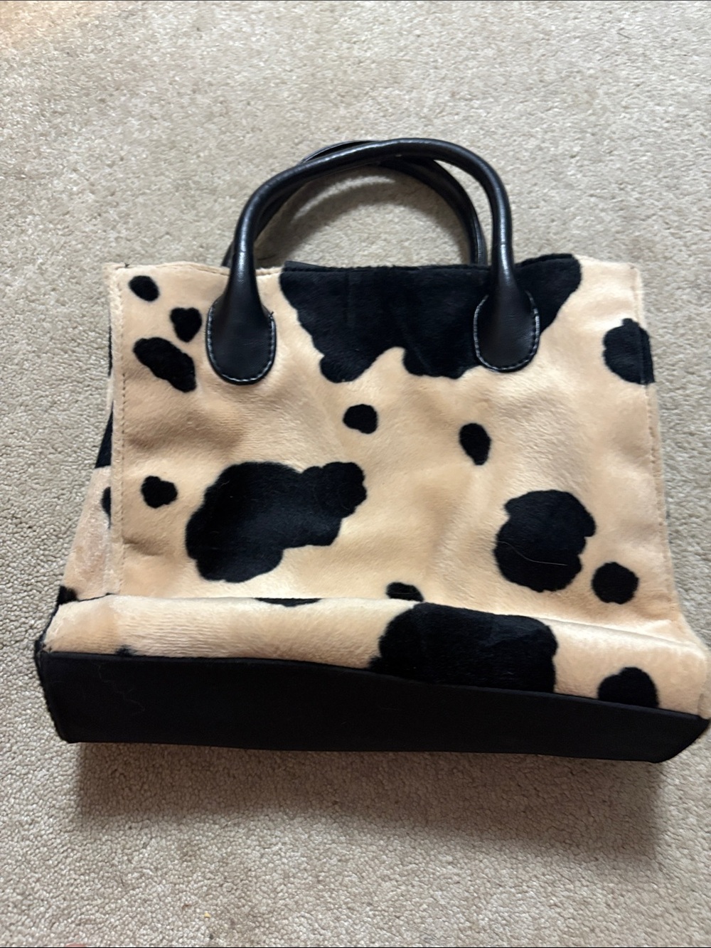 Linz and company Cow Print Faux Fur Tote Bag with Black Trim
